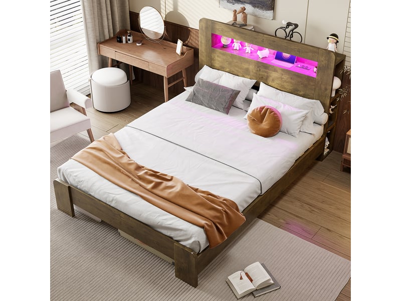  Lit plateforme bois 140 x 200 cm, tête de lit avec rangements, éclairage led et prises, coloris bois vieilli  - Conforama D