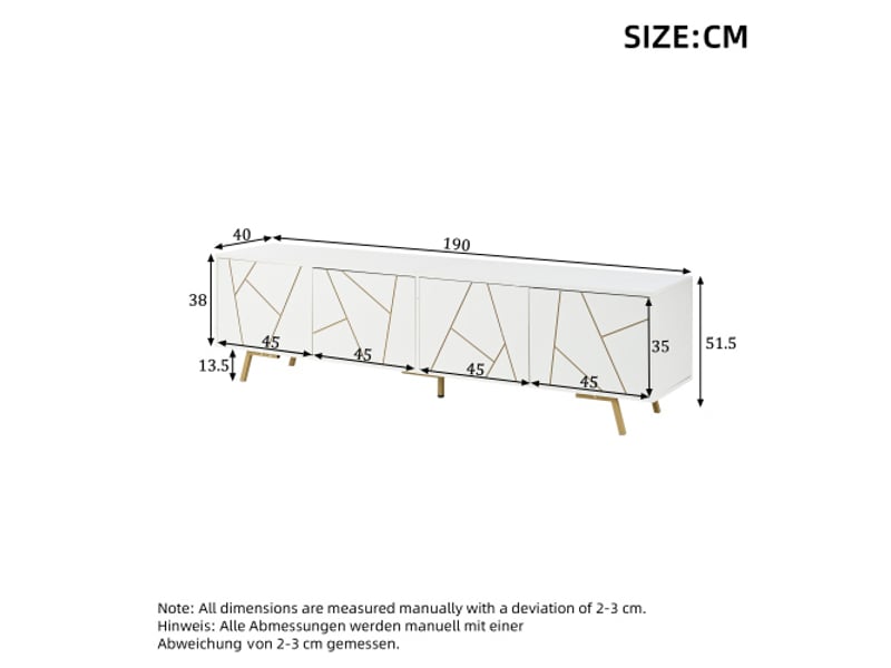 Meuble tv blanc et doré 190x40x51,5 cm avec 4 portes, 6 pieds métal et 8 compartiments  - Conforama E