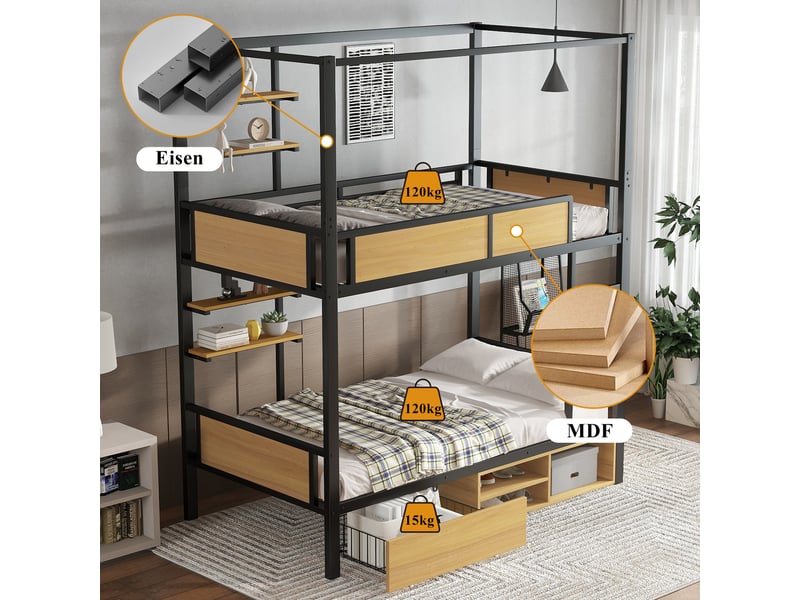  Lit superposé 200×90 cm avec étagères latérales et rangement sous le lit, sans matelas, en métal et mdf noir et naturel  - Conforama E