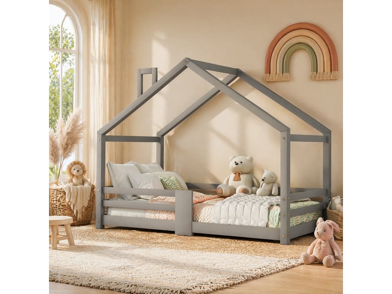  Lit cabane enfant tcqpz 90 x 200 cm avec cheminée, sécurité anti-chute, lattes robustes, bois, gris  - Conforama B