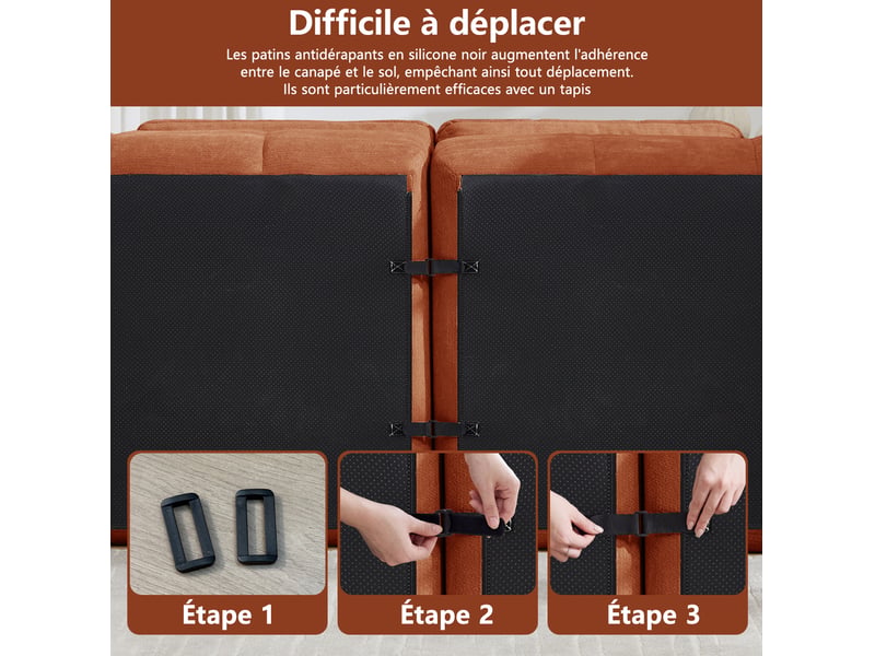  Canapé modulable 4 places modenvie en l avec 1 pouf, revêtement chenille, assises larges et profondes, 334 x 160 x 68 cm, orange  - Conforama E