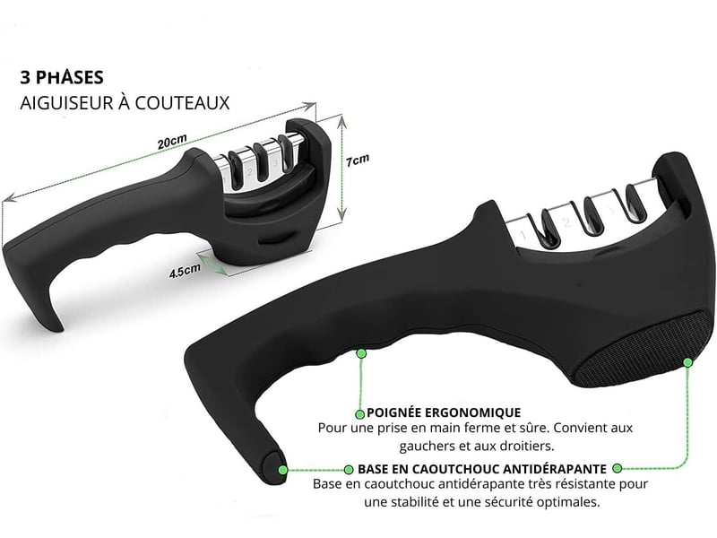  Aiguiseur à 3 phases pour couteaux de cuisine – résultat professionnel, design ergonomique, noir  - Conforama B