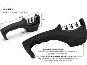 Aiguiseur à 3 phases pour couteaux de cuisine – résultat professionnel, design ergonomique, noir