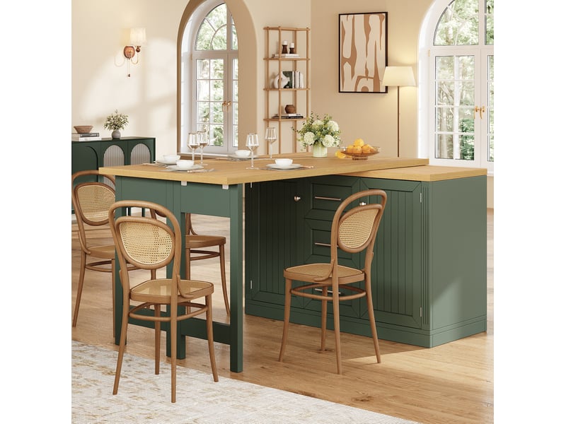  Ilot de cuisine multifonction 120x40x74 cm plateau extensible rotatif 360° mdf vert antique  - Conforama D