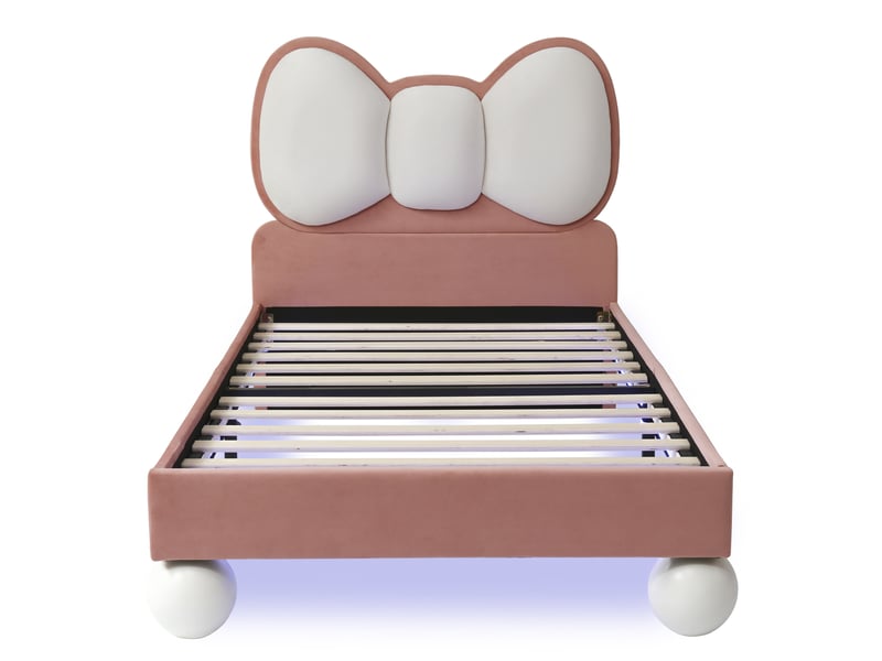  Lit enfant rembourré 90x200 cm, tête de lit papillon, led réglable sous lit, sommier à lattes, sans matelas, velours beige rose  - Conforama R