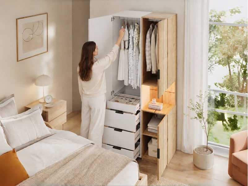  Armoire à portes battantes avec éclairage led et tiroir à bijoux, 90 x 49 x 200 cm, 2 penderies, 4 tiroirs et bandeaux led, design moderne  - Conforama B