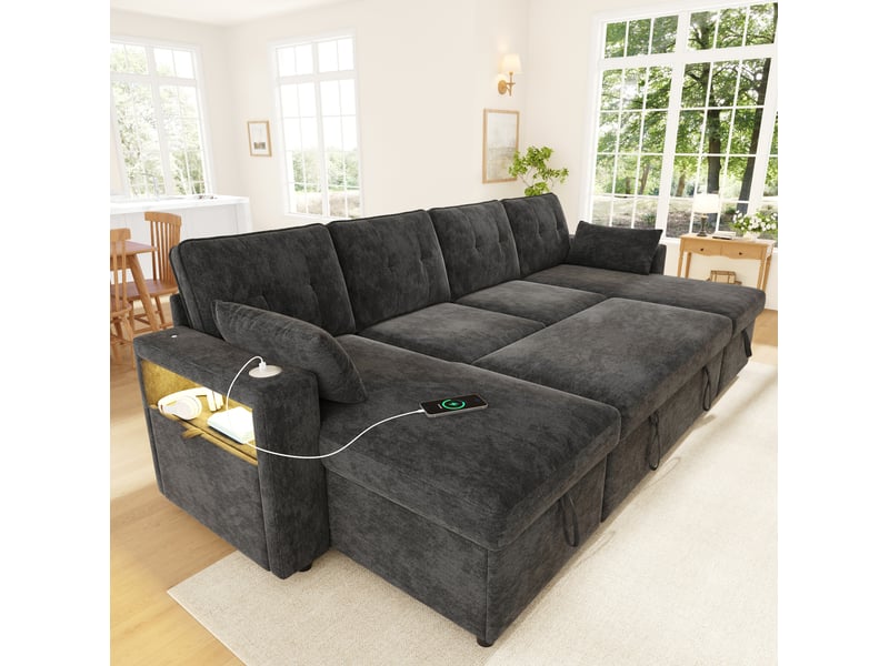  Canapé panoramique en u convertible 4 places avec double méridienne, rangements, led, usb et type-c en chenille gris  - Conforama C