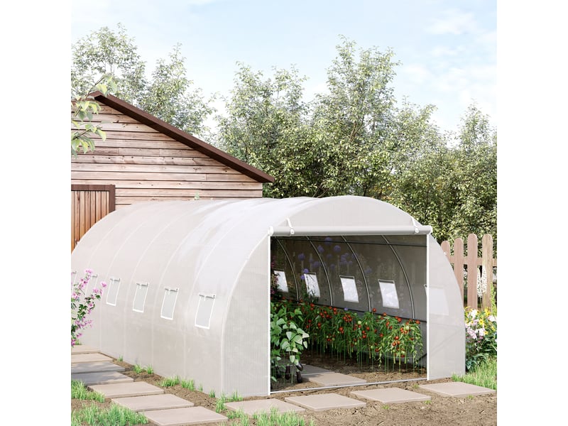  Serre tunnel jardin 6x3x2 m, porte enroulable, 12 fenêtres, pe 140 gm², métal galvanisé, blanche, planteslégumes.  - Conforama C