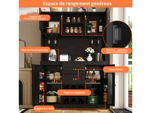 Buffet haut de cuisine noir, meuble colonne de rangement avec étagères réglables, porte-bouteilles, 4 portes et 2 tiroirs
