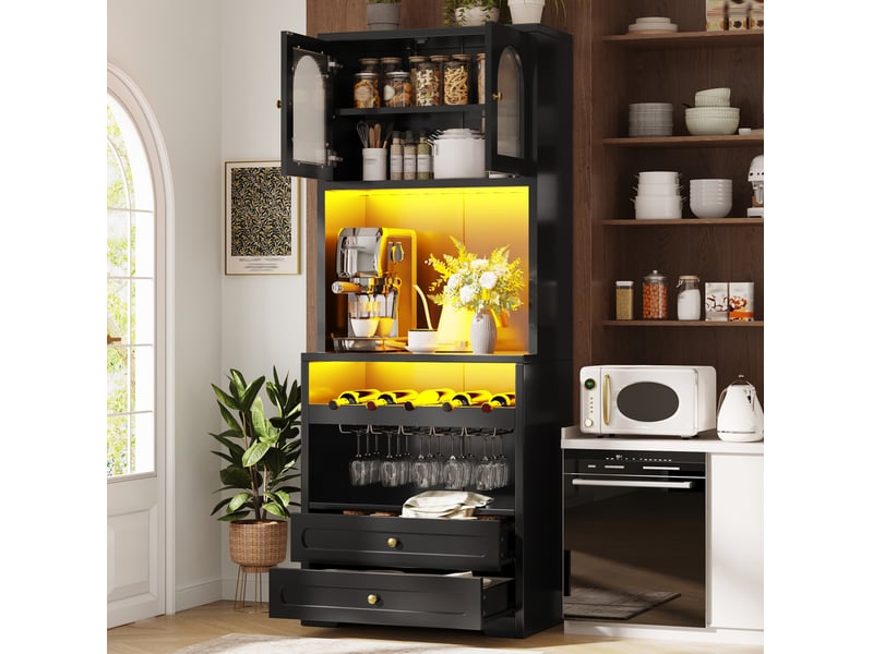 Lof 2 de buffet haut noir avec portes vitrées arquées, éclairage led par application et synchronisation musicale  - Conforama D