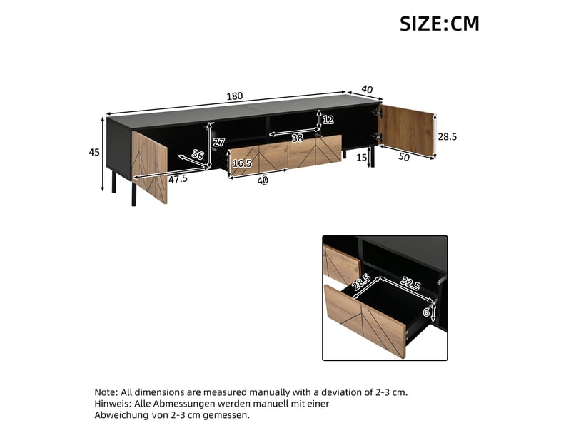  Meuble tv 180x40x45 cm - meuble bas avec tiroirs et portes, charge jusqu’à 75 kg, panneau de particules, effet bois - noir  - Conforama C