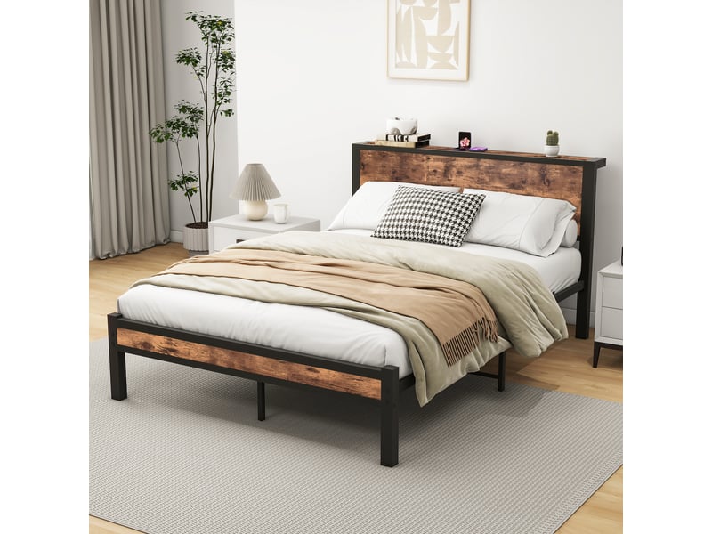  Lit double 140x200 cm avec sommier à lattes, cadre de lit avec tête de lit et espace de rangement, brun vintage, lit 2 personnes  - Conforama C