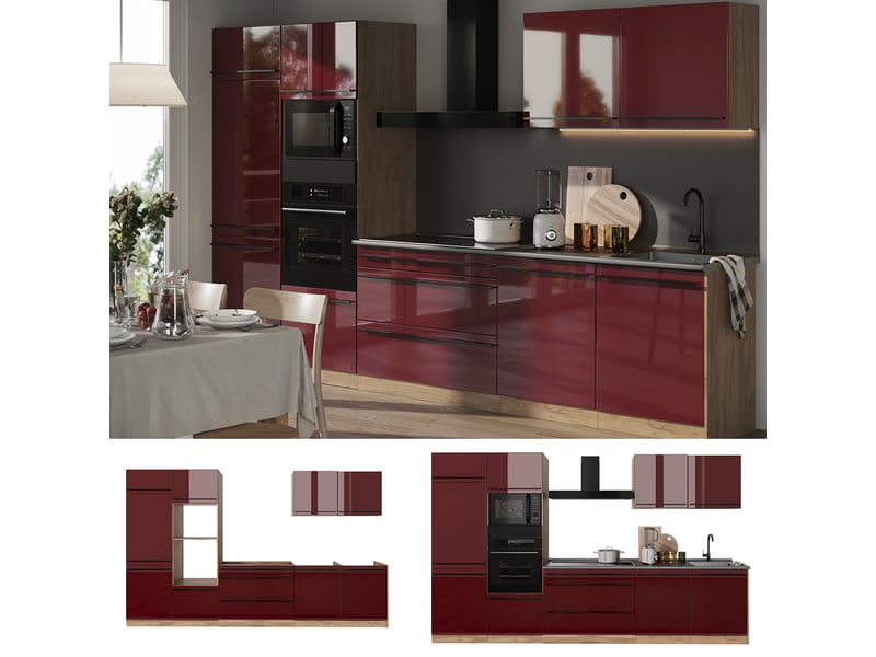  Vicco cuisine, rouge brillantchêne doré, 340cm plan de travail anthracite  - Conforama D