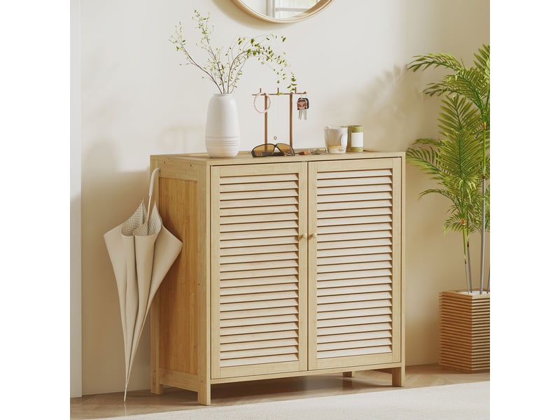  Meuble à chaussures en bambou 14 paires, armoire à chaussures avec portes persiennes et étagères réglables, bois naturel  - Conforama C