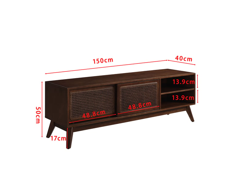  Meuble tv avec 2 portes coulissantes en rotin et niches ouvertes pour salon, en mdf et bois, noyer foncé  - Conforama C