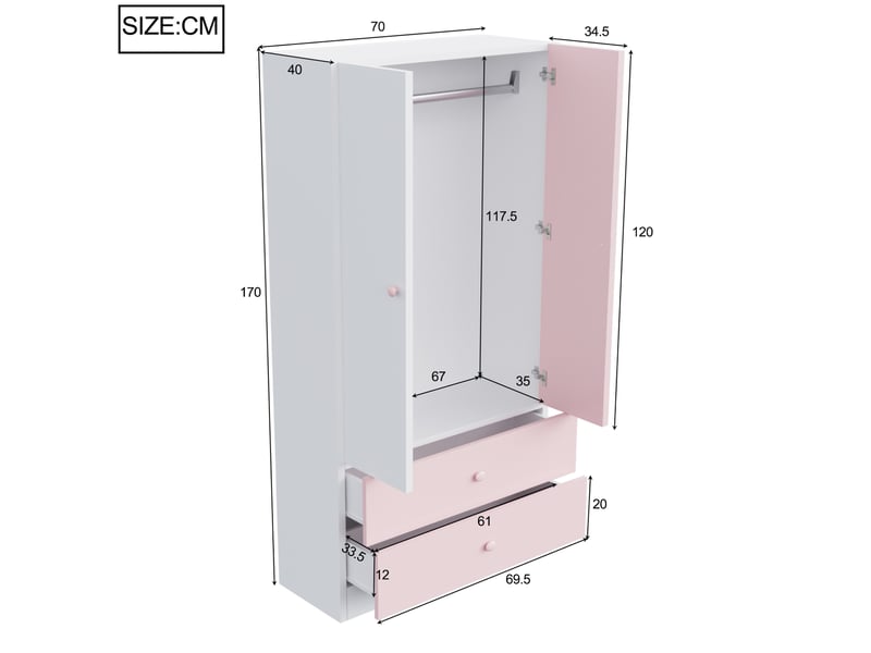  Armoire 2 portes et 2 tiroirs 70x40x170 cm, rose et blanc  - Conforama E