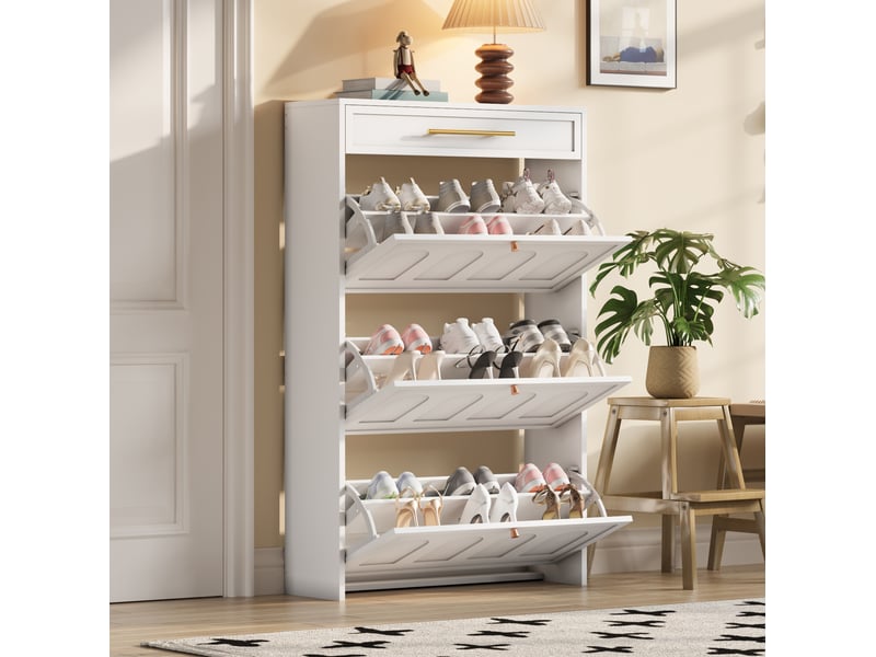 Meuble à chaussures ulevr avec 6 compartiments et tiroir, 70 x 25 x 123,5 cm, mdf blanc, portes abattantes - Conforama B