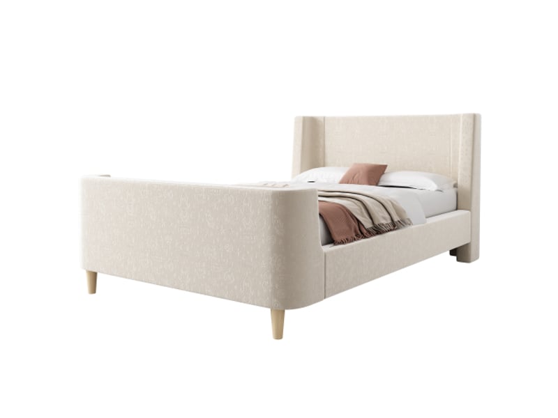  Lit enfant 90x200 cm, design luge et motif spatial, avec tête de lit et lattes, en tissu, beige, sans matelas  - Conforama A