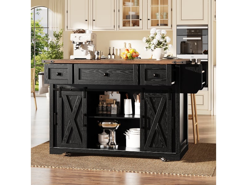  Îlot de cuisine sur roulettes noir avec plan de travail extensible, prises électriques intégrées, hauteur 91 cm  - Conforama D