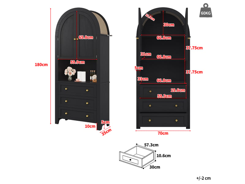  Meuble de cuisine muvano noir, buffet haut à sommet arrondi, 3 tiroirs, 70 × 35 × 180 cm  - Conforama W