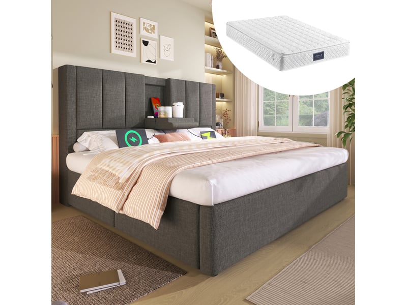 Lit double 160 x 200 cm gris avec rangement hydraulique, matelas et sommier inclus - Conforama C
