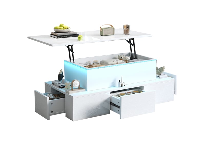  Table basse relevable 100x50x40 cm avec led, mdf blanc brillant  - Conforama A