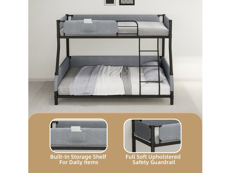  Lit superposé 90x190 cm haut 140x190 cm bas, poche amovible, échelle, fer et lin, noir et gris, sans matelas  - Conforama D