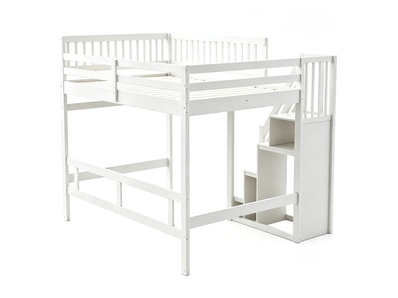  Lit enfant, 140x200 cm, espace nuit, avec escalier aménagé, garde corps haut, matelas non inclus, bois, coloris blanc  - Conforama E