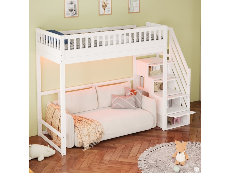Lit mezzanine 90 x 200 cm - avec échelle de sécurité - avec barrières de sécurité - avec éclairage led - blanc (matelas non inclus)  - Conforama E