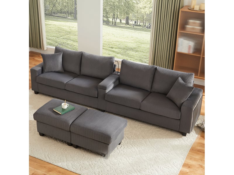  Canapé 4 places en u 334 x 128,5 x 81 cm, led, éclairage de lecture, avec 2 poufs, usb+type-c, finition velours côtelé gris  - Conforama E