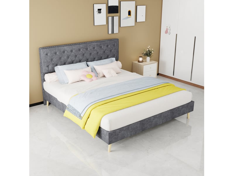  Lit adulte 160 x 200 cm, sans matelas, velours gris, doté de tête de lit moelleuse et sommier, lit 2 places  - Conforama D