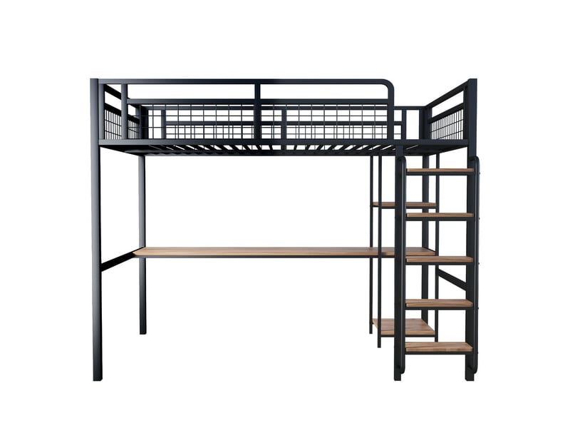  Lit mezzanine 140x200, sécurité renforcée lit mezzanine avec escalier, bureau intégré, rangement intégré, structure métal robuste  - Conforama E