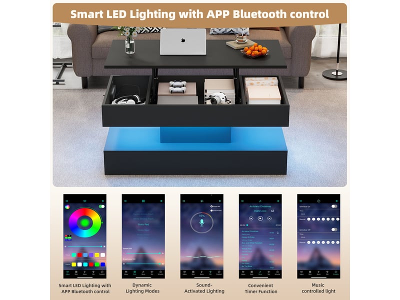  Table basse relevable avec rangement caché, led et prises pour salon 100×50×42 cm en panneaux de particules noirs  - Conforama C