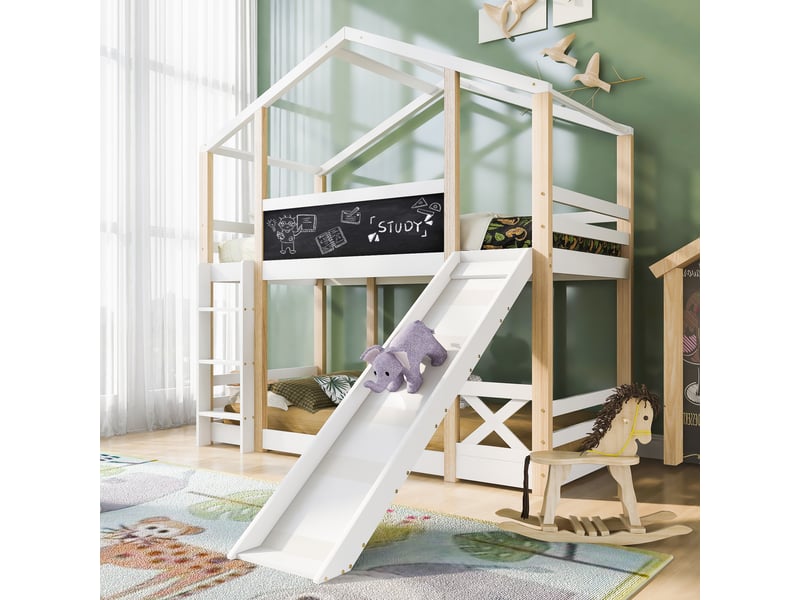 Lit cabane superposé pour deux enfants avec toboggan  - Conforama B