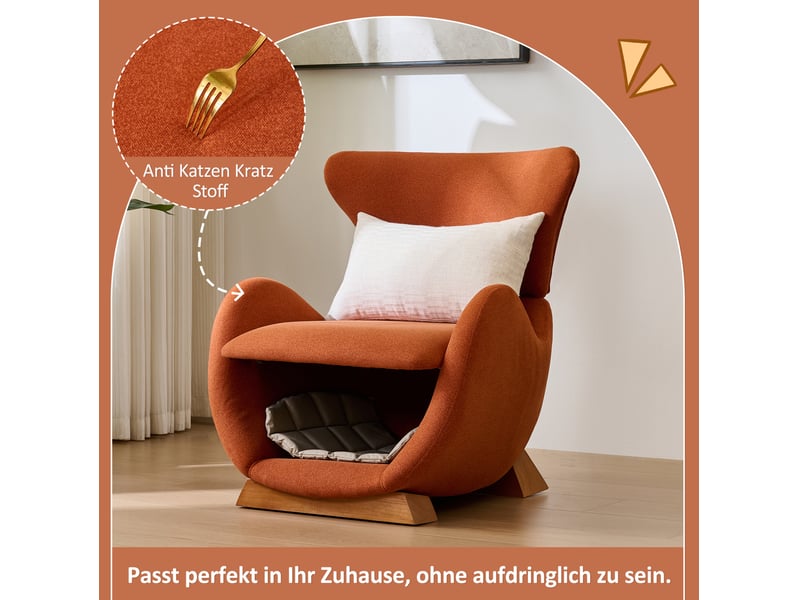 Fauteuil lounge 66x55x76 cm, style requin-baleine, niche intégrée, en bois, tissu anti-rayures, couleur rouge brique - Conforama D