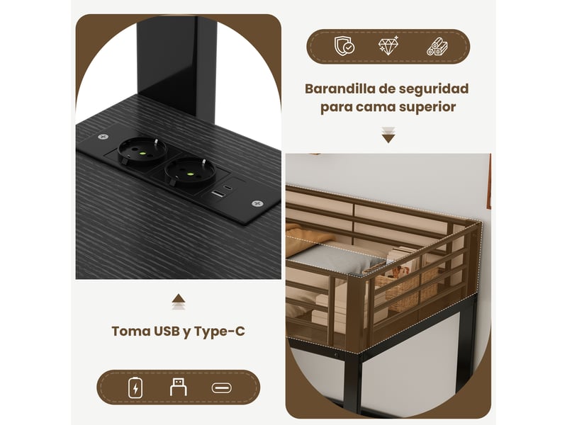  Lit mezzanine 2 places 90×200 cm avec bureau et rangements - okmyhome- usb et usb-c, sans matelas, noir  - Conforama E