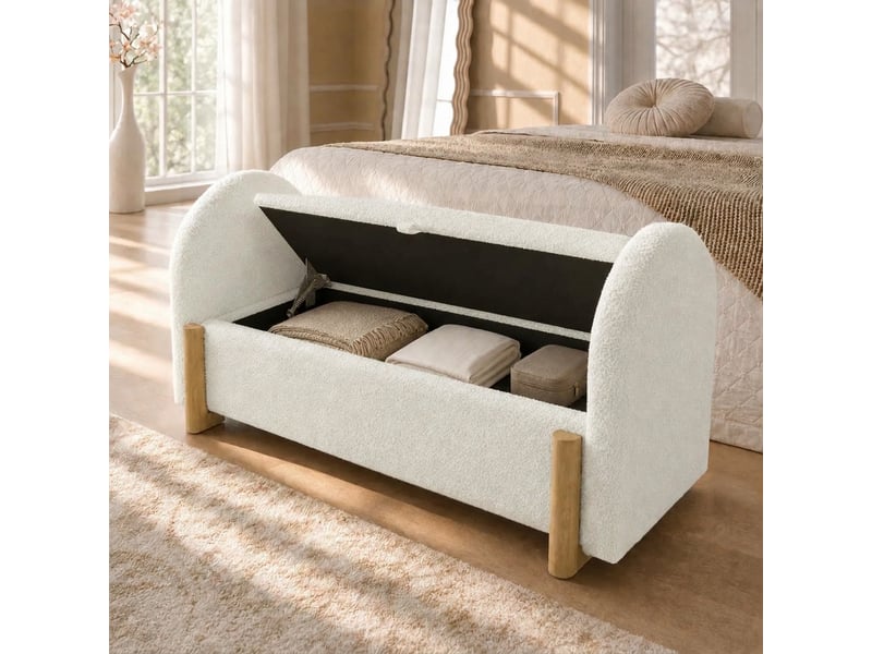  Banc de rangement 106 cm avec coffre hydraulique tissu bouclette blanc et pieds en bois massif  - Conforama D