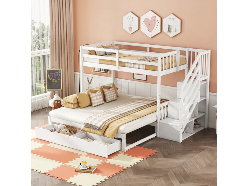  Modenvie lit superposé 90x200 cm - avec lit gigogne, 2 tiroirs et escalier de rangement, sans matelas - blanc  - Conforama B