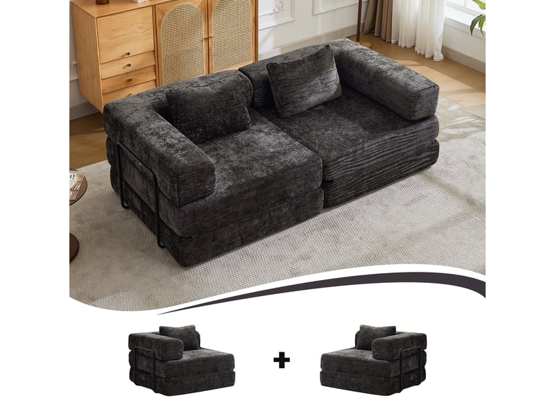  Canapé d'angle, canapé convertible, en tissu chenille, noir, pour salon, mobilier pour espace de vie, chambre  - Conforama R