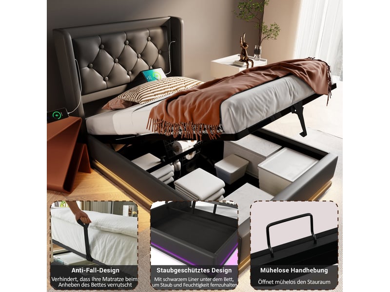  Lit coffre 90 × 200 cm 1 place avec led réglable, usb et type-c, matelas inclus, rembourré en pu noir  - Conforama E