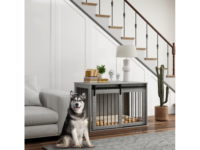 Caisse d'intérieur chats et chiens 98 x 58 x 61 cm – gris – porte coulissante verrouillable et ventilée - Conforama E