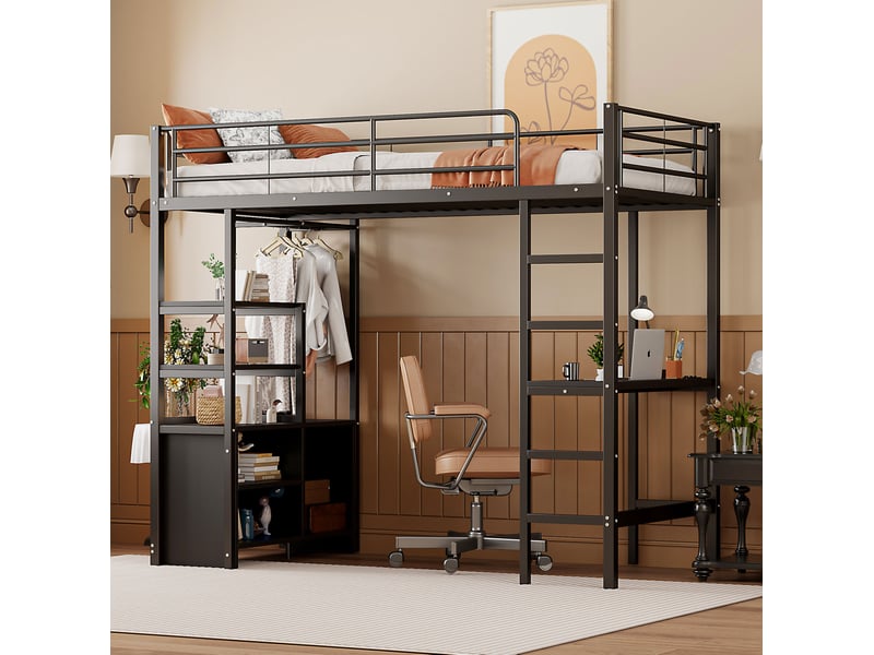  Lit mezzanine enfant 90 x 200 cm noir avec bureau, rangements, prise et usb  - Conforama D
