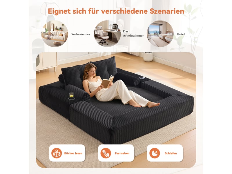 Canapé droit convertible 2 places en velours côtelé noir 180 x 98 x 80 cm, avec poches, porte-gobelet et coussins, salon 180x98x80cm - Conforama W