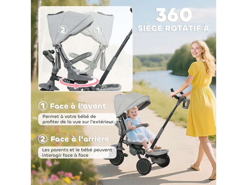  Tricycle bébé évolutif 6 en 1, tricycle enfant pliable avec poignée parentale réglable, siège pivotant 360°, gris  - Conforama E