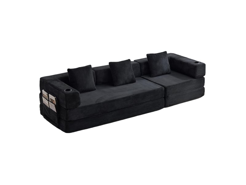 Sofa-lit de sol convertible noir - canapé-lit avec support dorsal en oreiller, accoudoirs et porte-gobelet - Conforama A