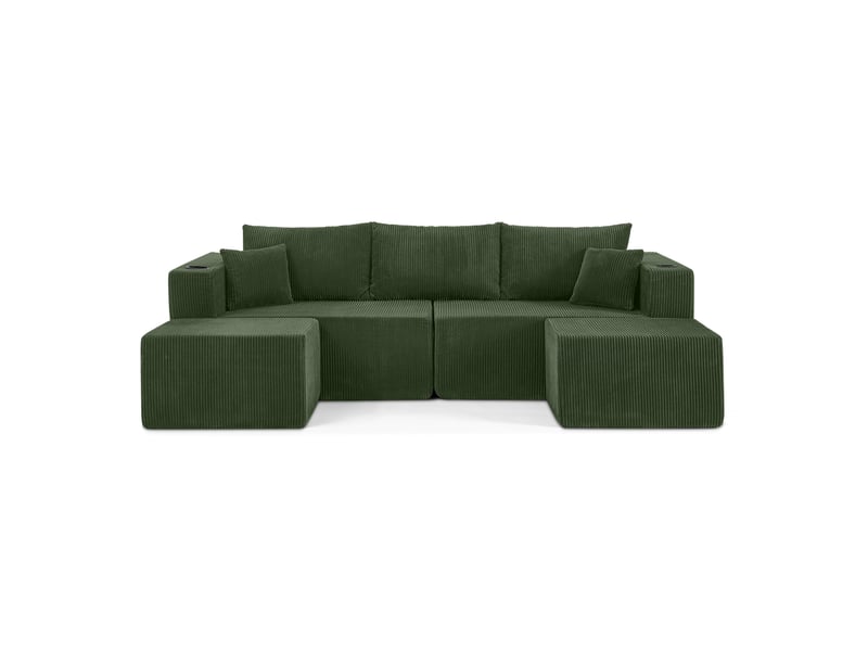  Canapé d'angle modulable - 230x138x75cm - canapé 3 places en velours côtelé avec 2 poufs amovibles et porte-gobelets - vert  - Conforama A