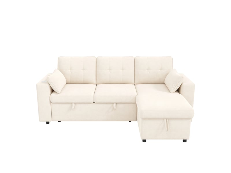  Canapé d'angle convertible 3 places 213x131x83 cm avec coffre, led, usb et rangement, couleur beige, moderne  - Conforama E