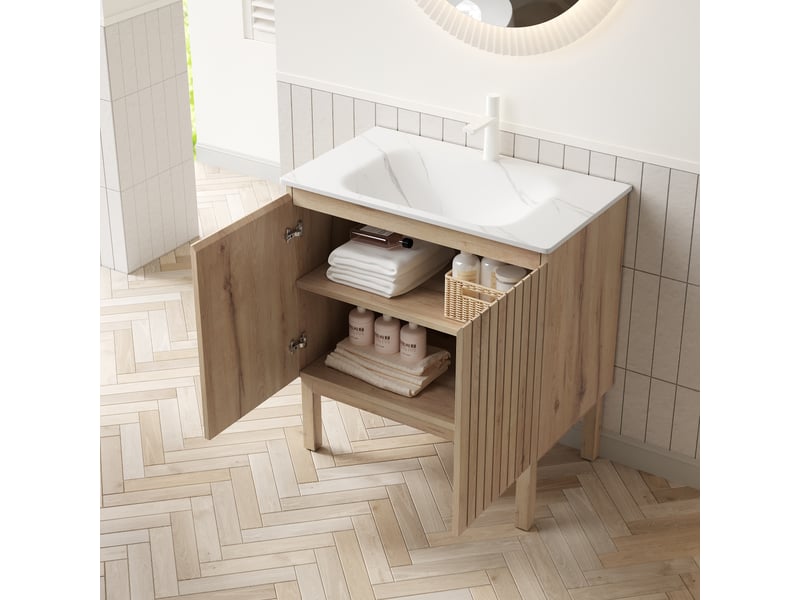  Meuble sous vasque 80 cm à deux portes avec étagère - lpospi - vasque intégrée pierre frittée blanc chêne  - Conforama B