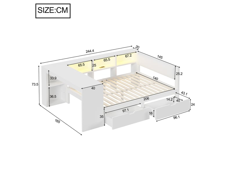  Lit plateforme 140 x 200 cm blanc avec rangements, tiroirs, led et station de charge  - Conforama E