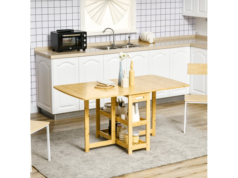 Table de salle à manger pliable 6 personnes avec 2 étagères et pieds réglables en bambou naturel 149,5 × 80 × 73,5 cm - Conforama B